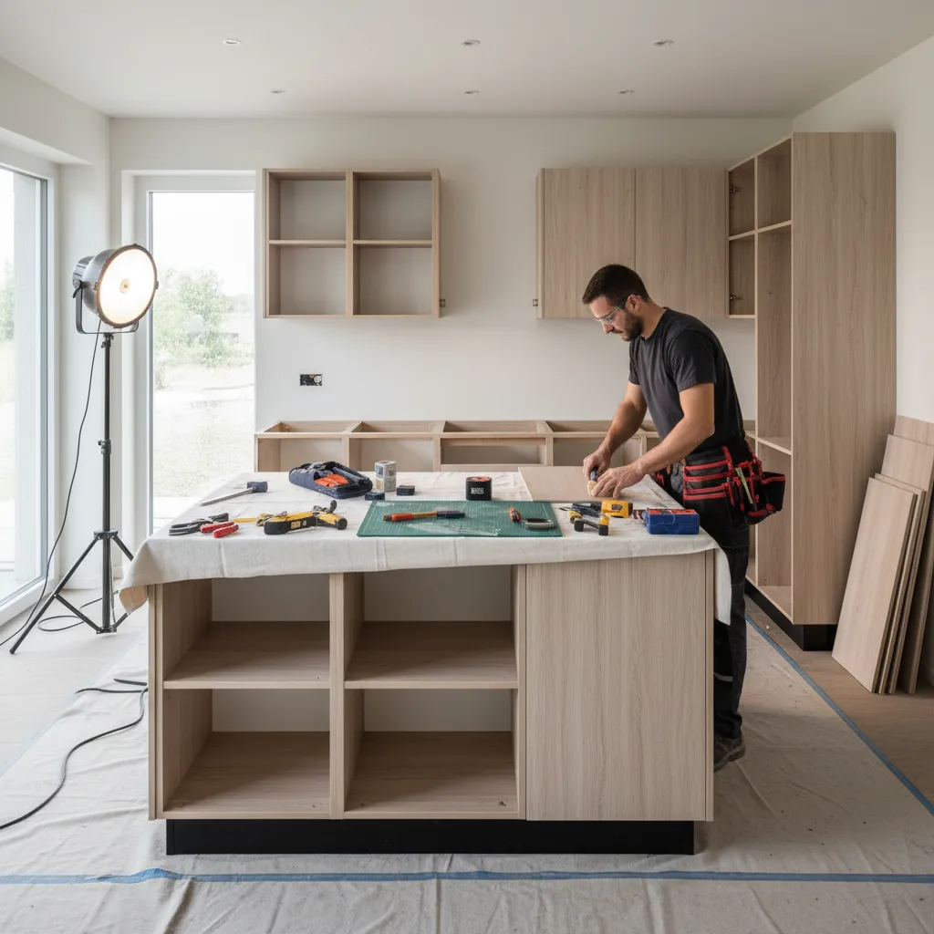 Contractor installing cabinet skin panels on kitchen cabinets