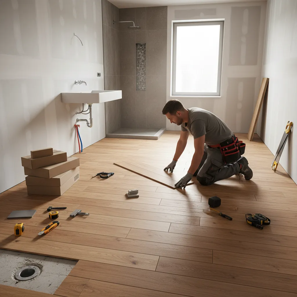 Contractor installing vinyl plank flooring in a bathroom renovation