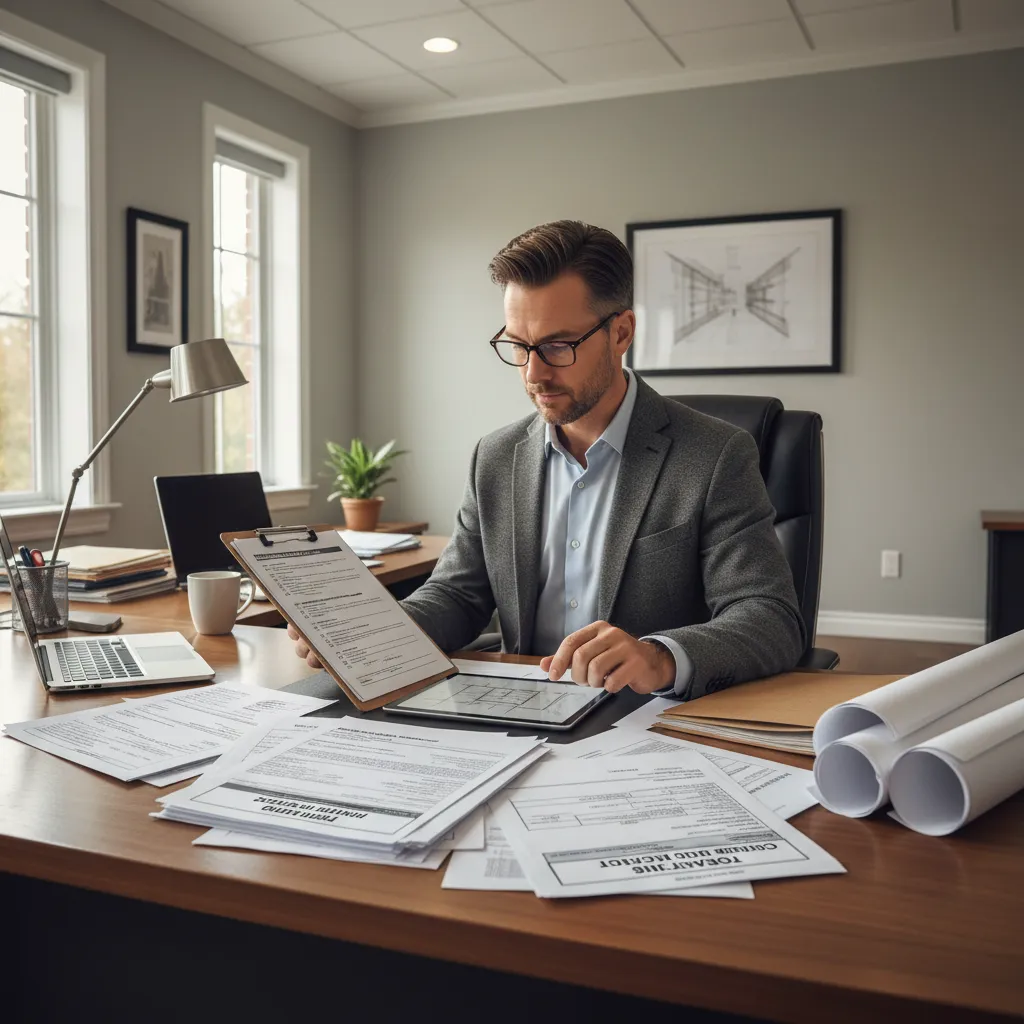 Construction contractor reviewing licensing and insurance documents for a home renovation project