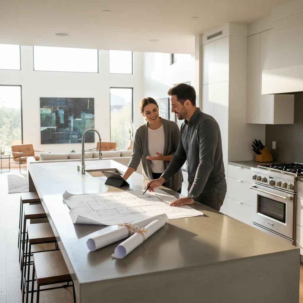 Contractor discussing kitchen renovation plans with homeowners
