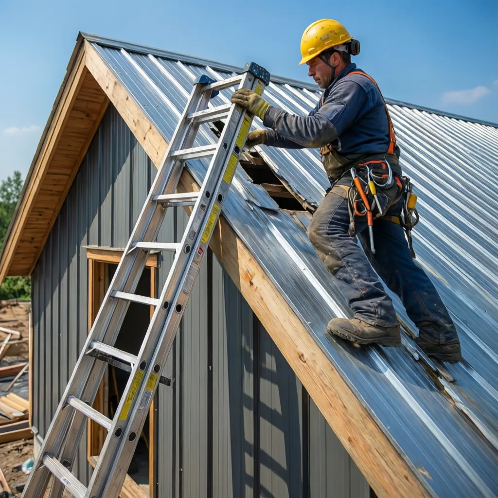 Roofing contractor installing ladder hooks before climbing metal roof