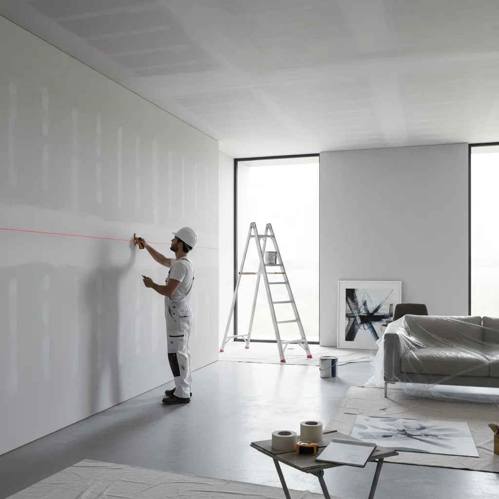 Painting contractor measuring interior wall area for project estimate