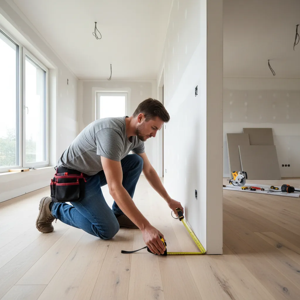 contractor measuring interior wall length with tape measure for baseboard installation