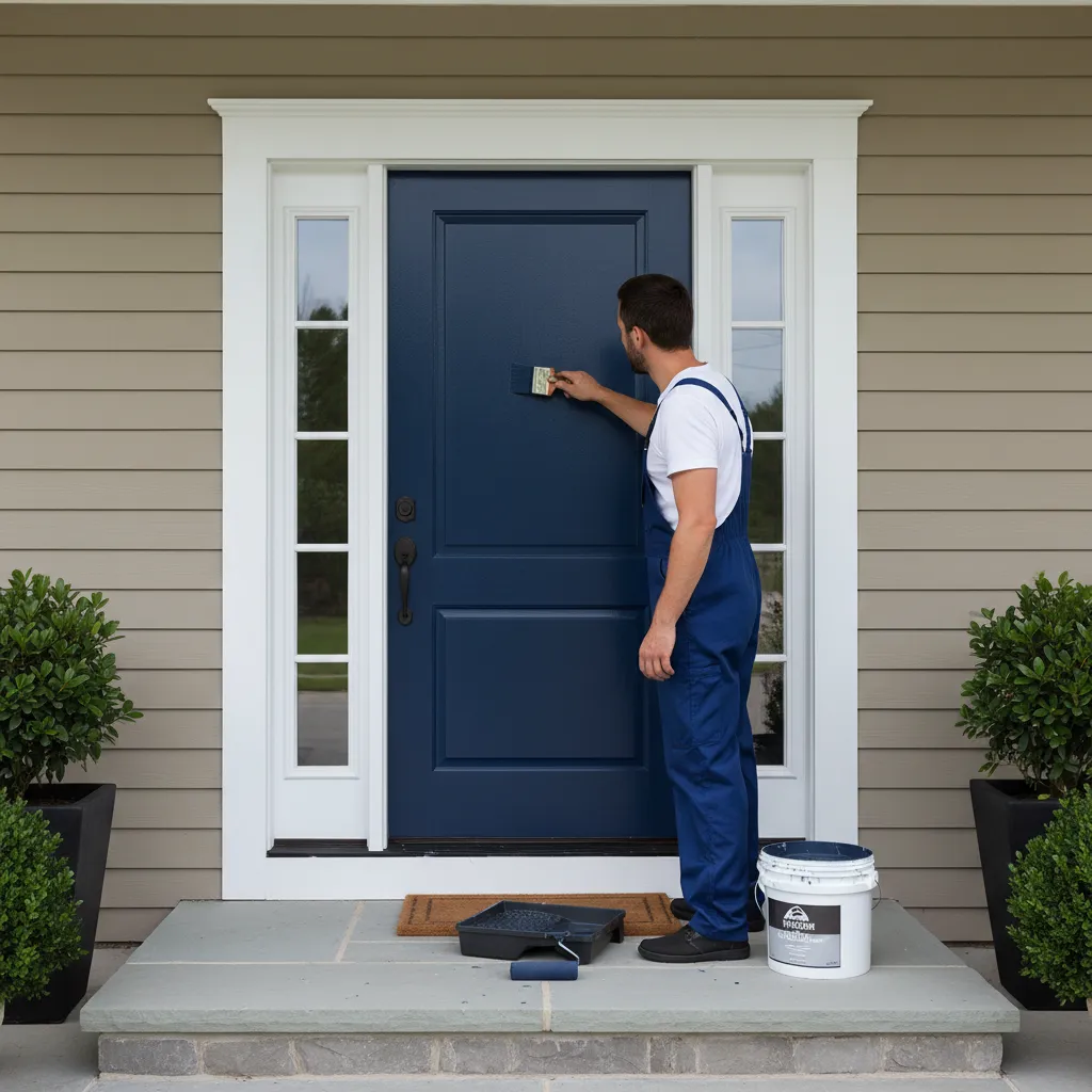 Professional contractor applying exterior paint to a front door