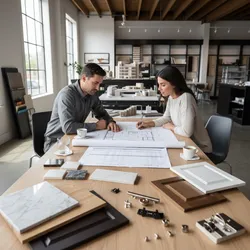 Man and woman reviewing interior design drawing with stone samples and cabinet doors on table