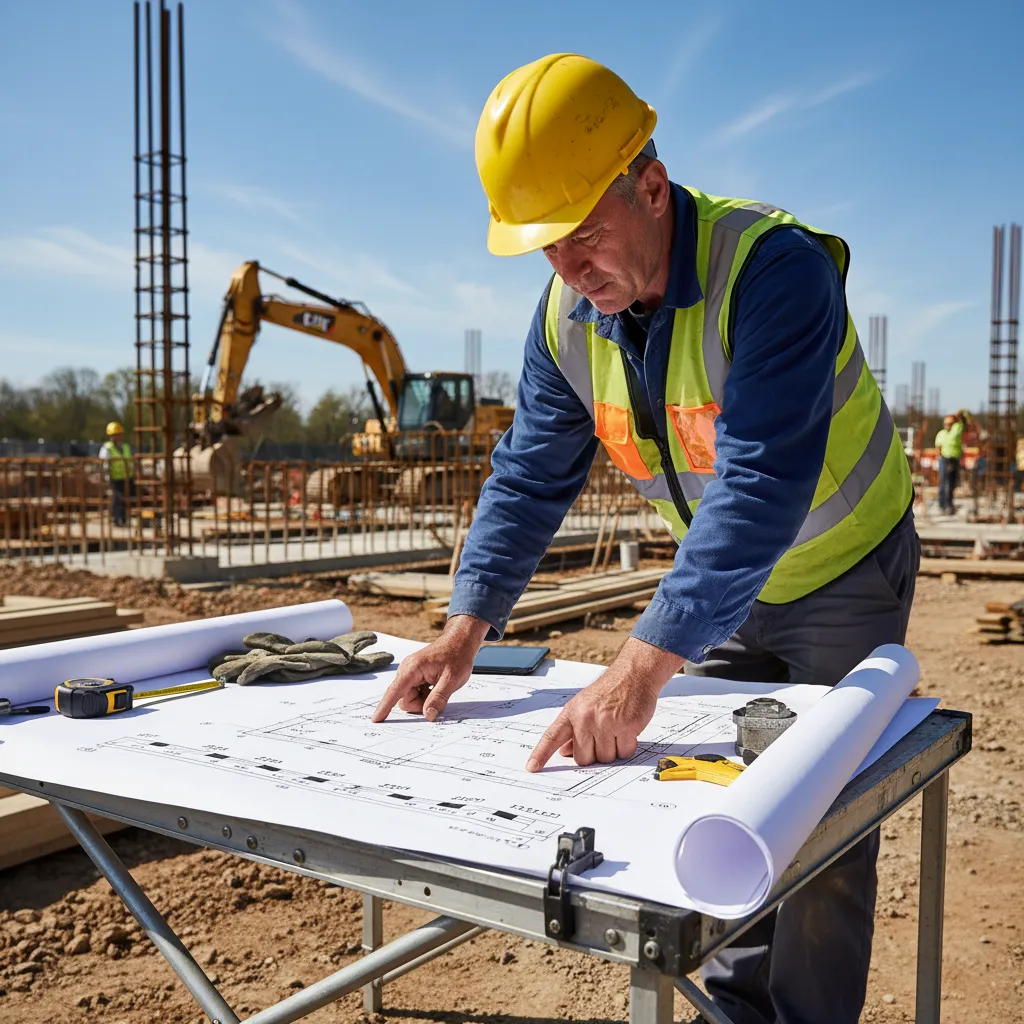Construction contractor reviewing printed building plans with scale bar