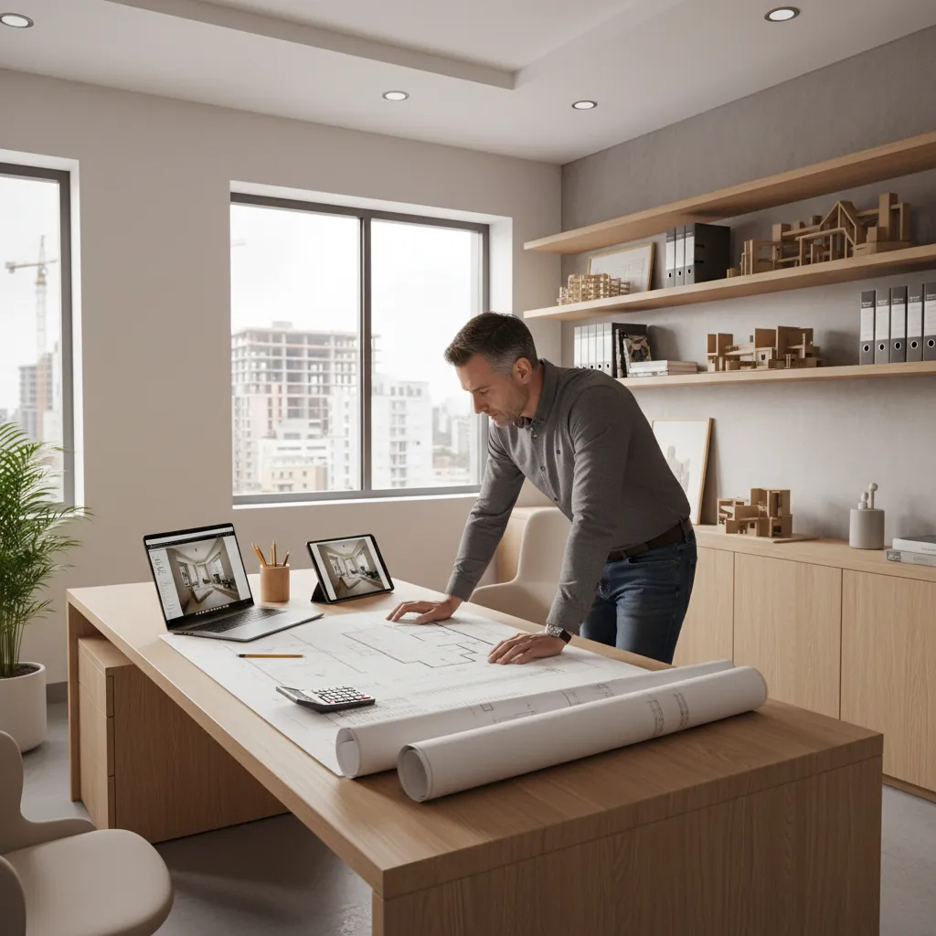Contractor reviewing renovation cost estimates and interior plans