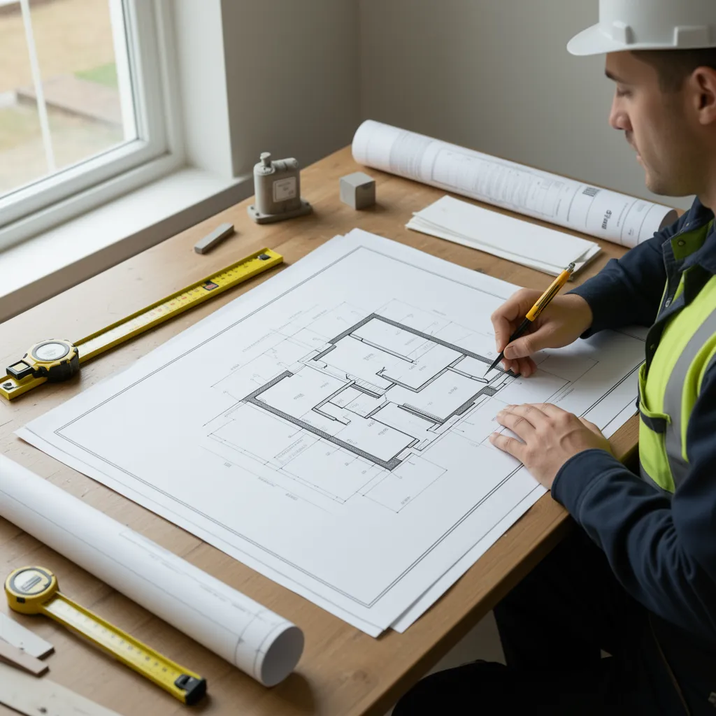 Contractor reviewing bathroom plumbing plan and layout drawing
