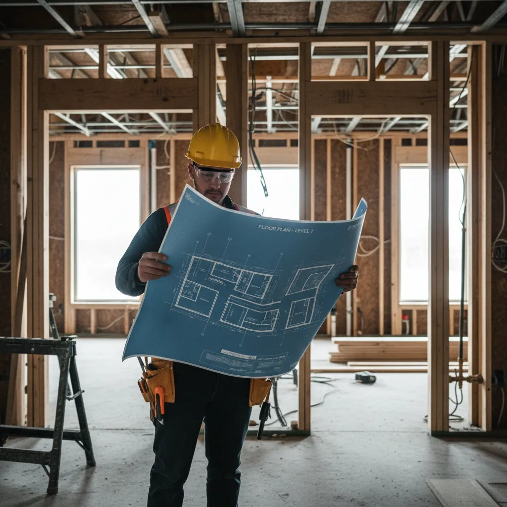 Contractor reviewing printed 2D construction floor plan at renovation site