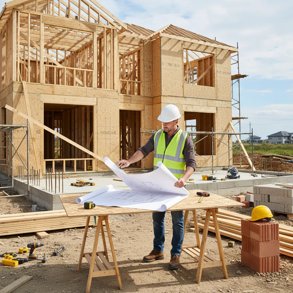 Contractor reviewing house construction plans at a building site