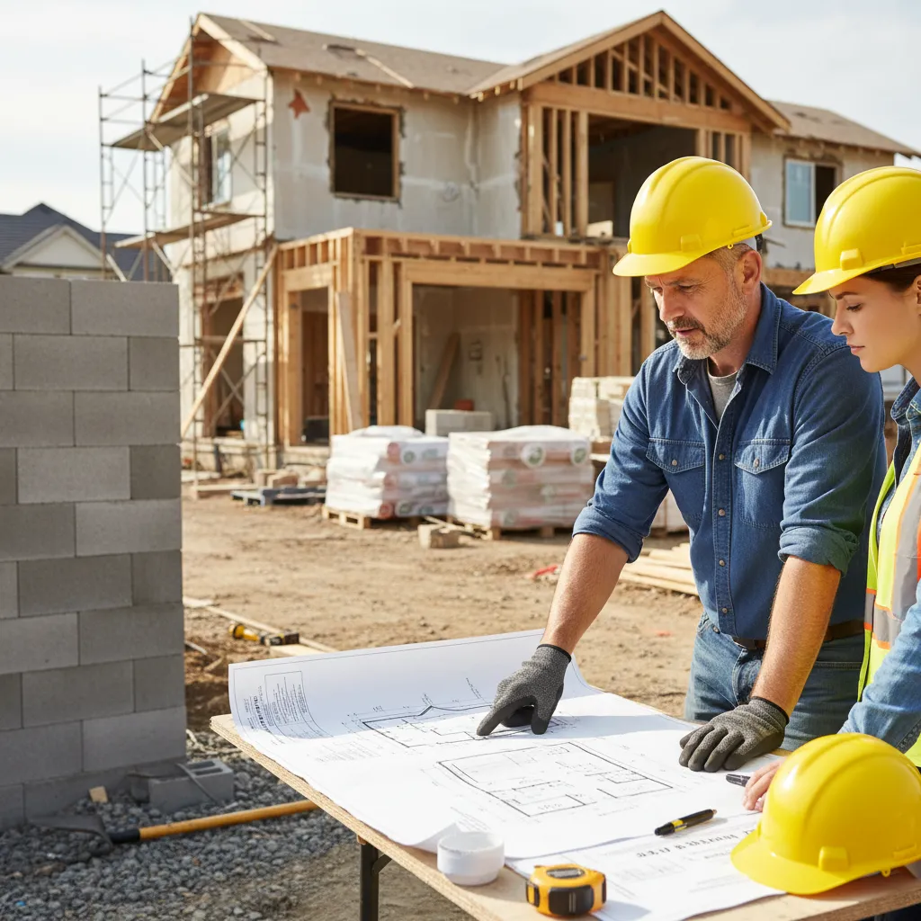 Contractor reviewing renovation permits and building plans at a construction site
