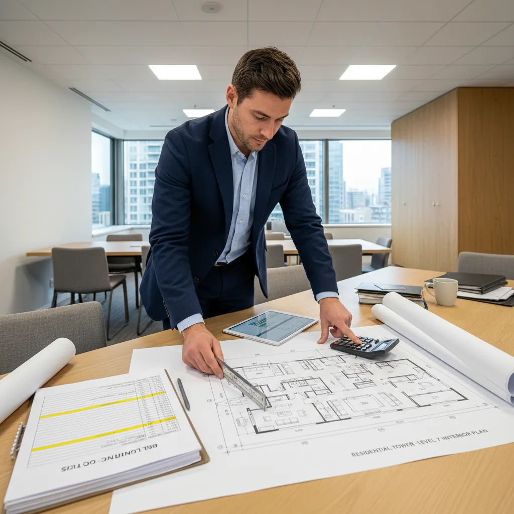 Contractor reviewing bill of quantities with interior floor plans during project planning
