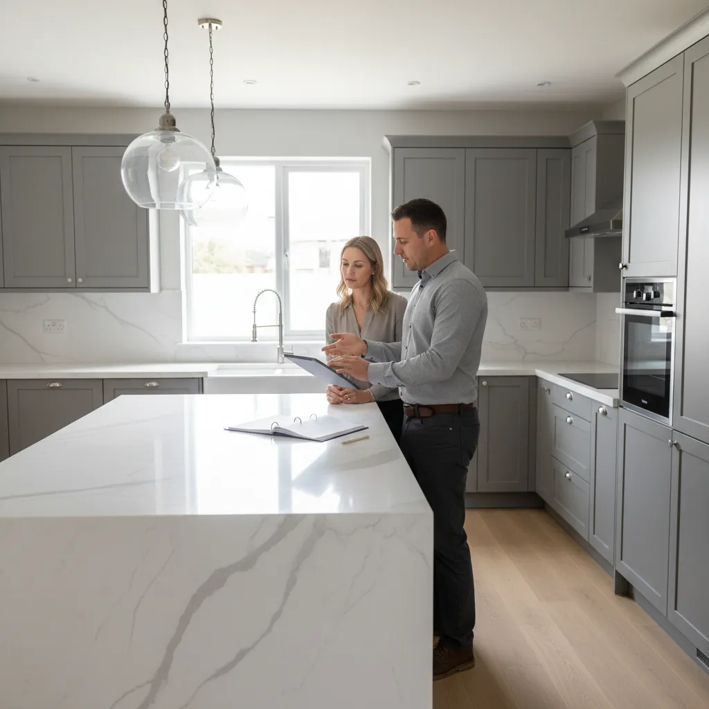 contractor reviewing kitchen remodel estimate and project timeline with homeowner