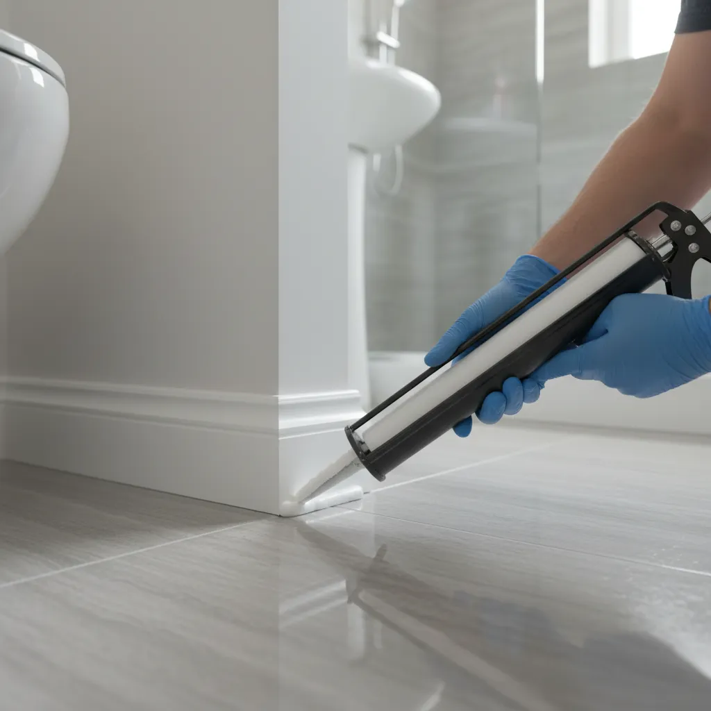 contractor applying waterproof silicone caulk along bathroom baseboard joint
