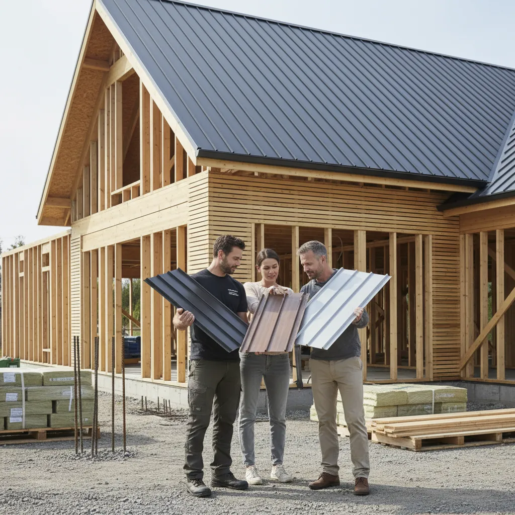Contractor presenting metal roofing samples to homeowners outdoors