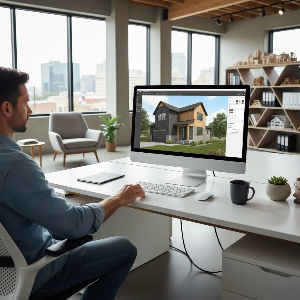 contractor reviewing digital siding design preview on a computer with house exterior model