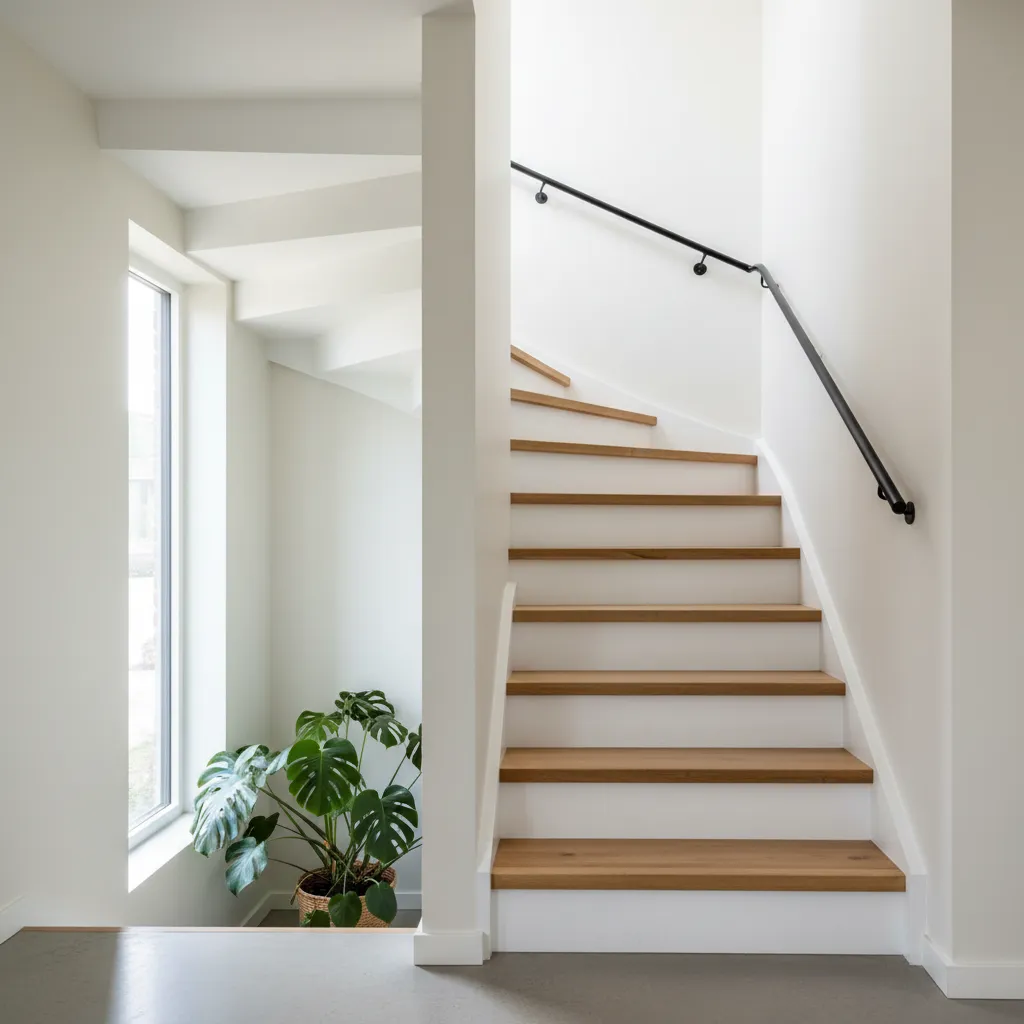 Escalera interior con contrahuellas pintadas en blanco y madera natural