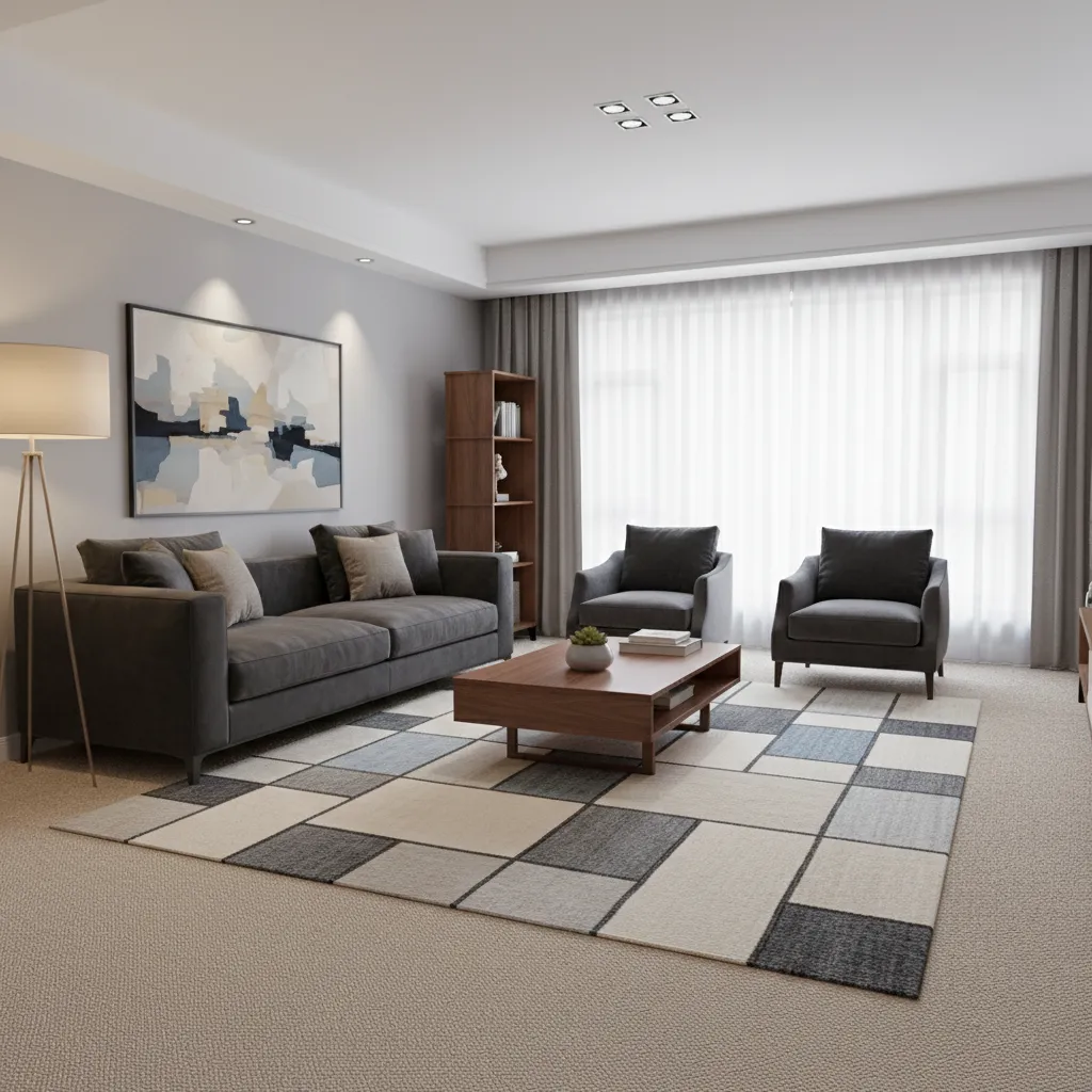 Living room with beige carpet dark sofa and wood table adding contrast