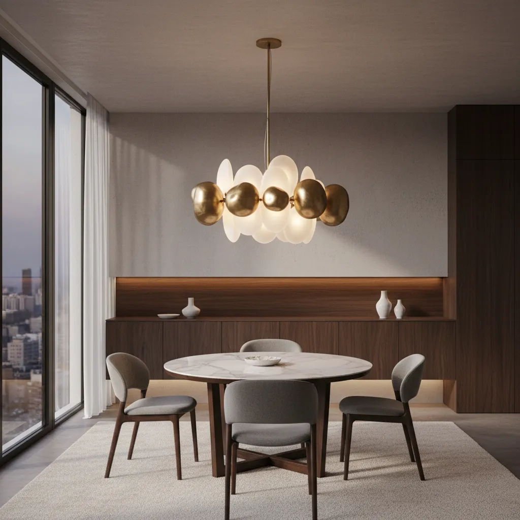 Modern dining room with marble table grey chairs large gold ceiling light and wood cabinet