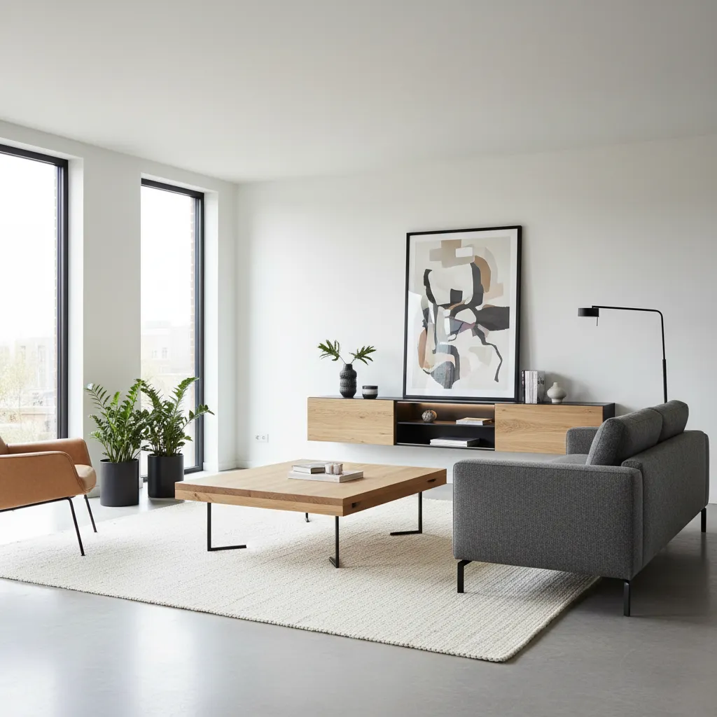 Minimalist living room with grey sofa wood coffee table white rug plants and wall cabinet