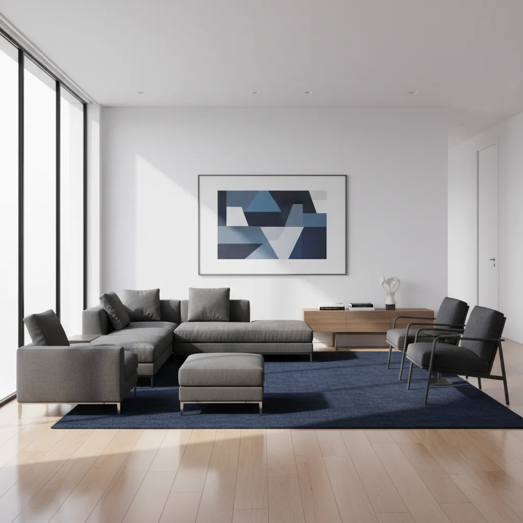 Dark grey living room with bold navy rug creating contrast