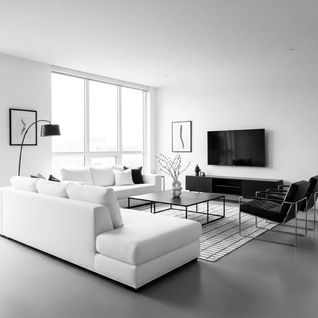 Black and white living room with white sofa black coffee table television and floor lamp