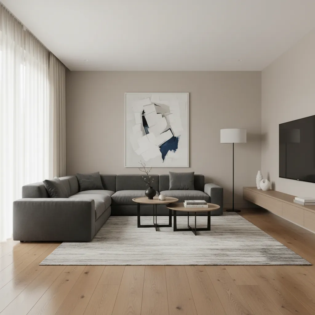 Sala de estar con contraste entre sofá oscuro y paredes claras