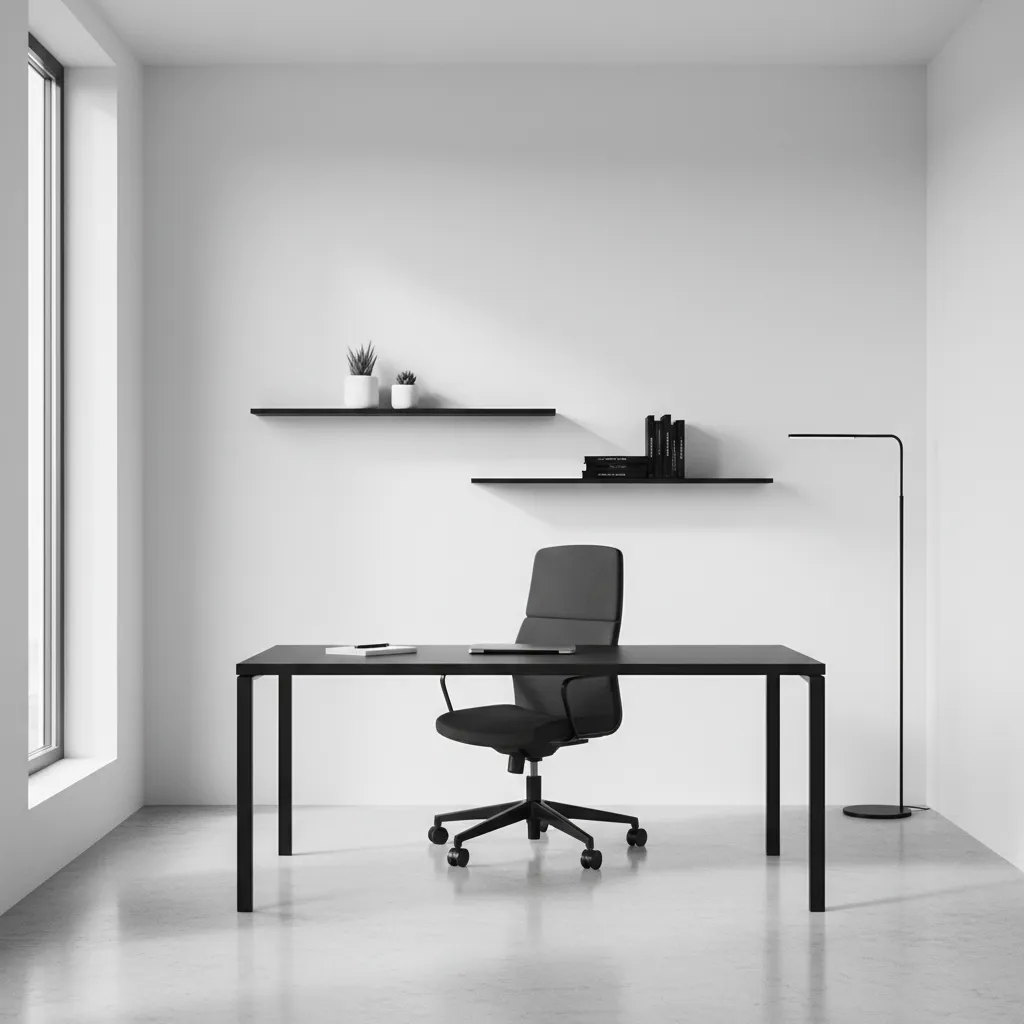 Minimalist interior design showing black desk black chair floating wall shelves and black floor lamp