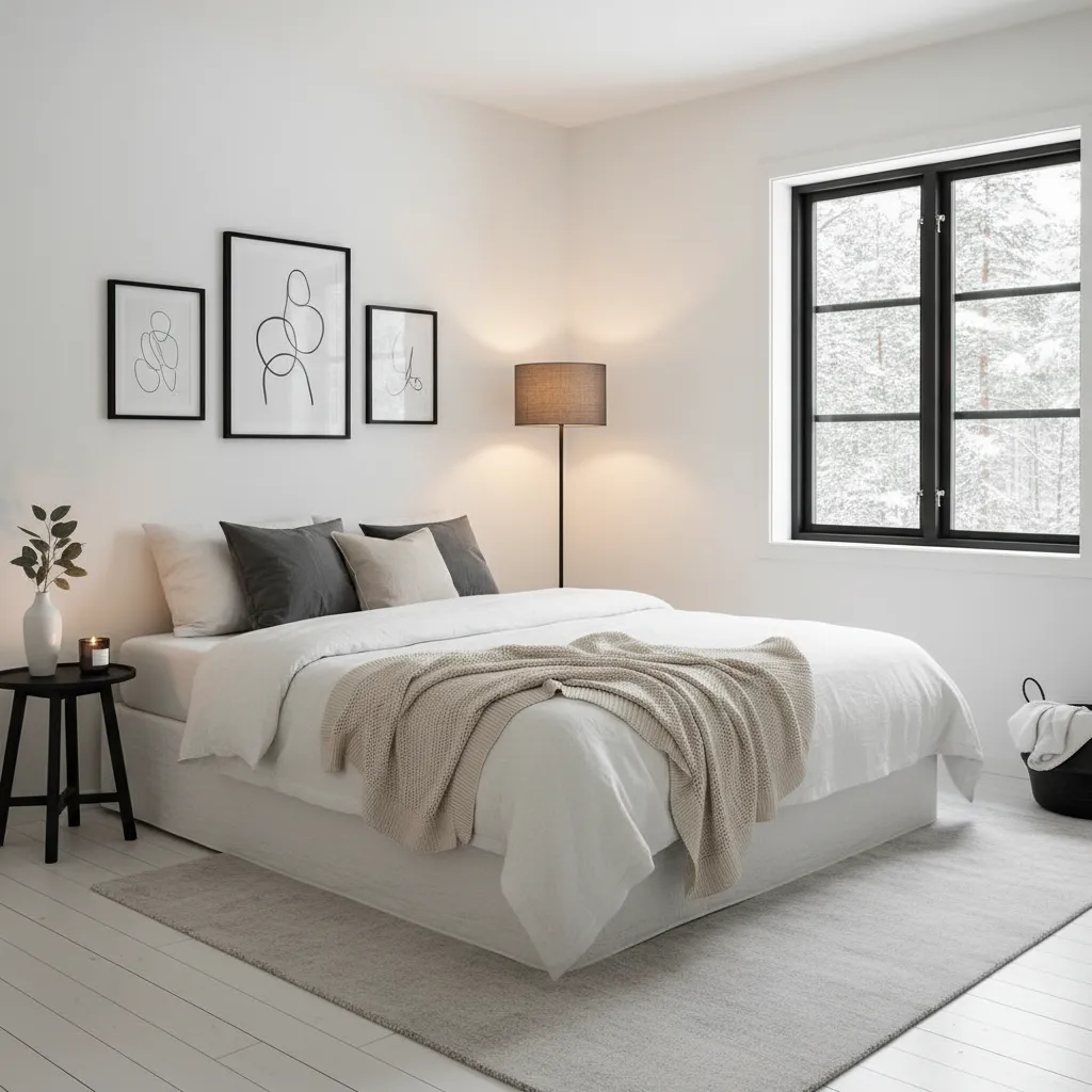 Dormitorio blanco con detalles negros y decoración minimalista