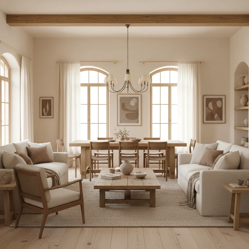 interior rústico con diferentes tonos de madera y textiles claros
