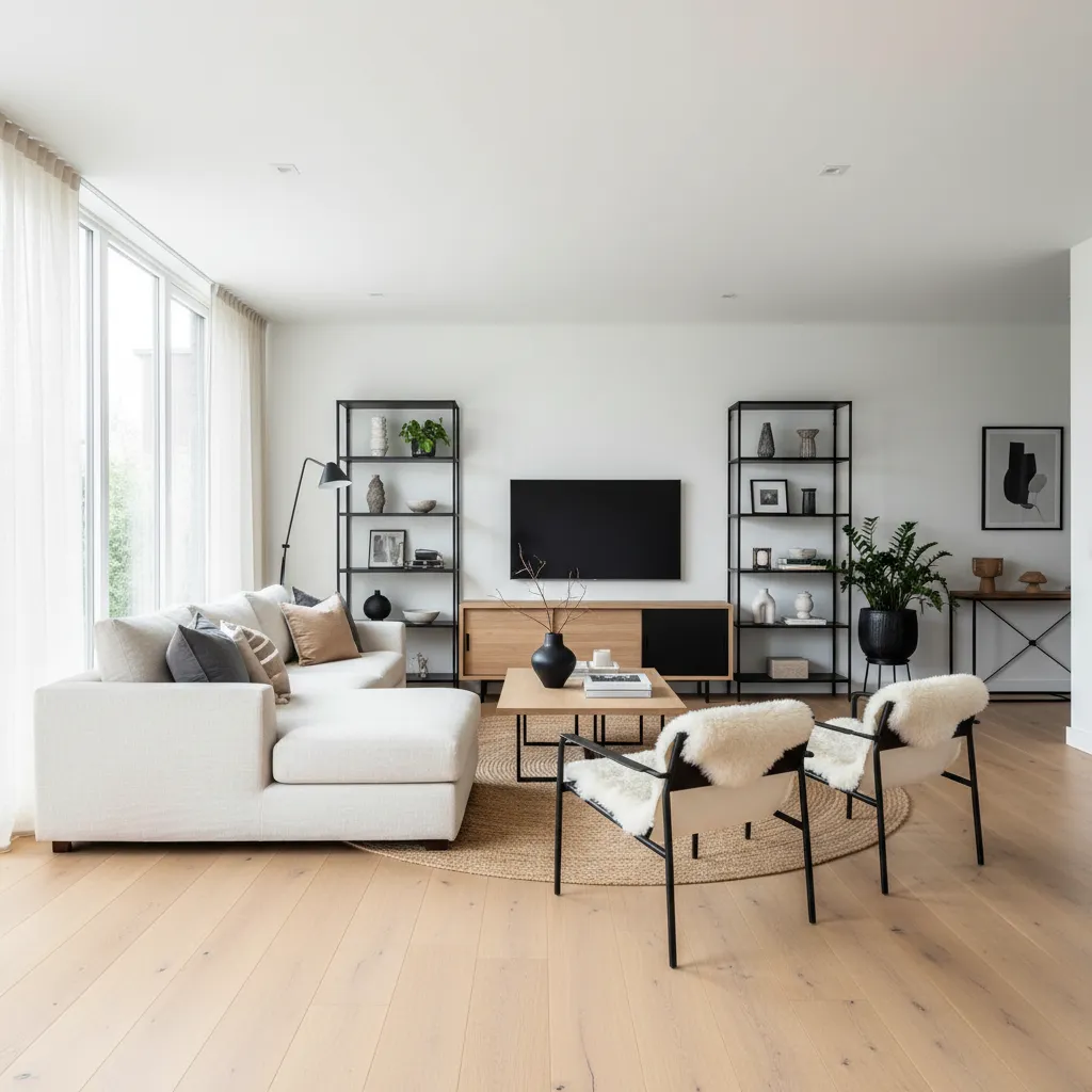 Diseño interior con contraste entre madera clara, metal negro y textiles suaves