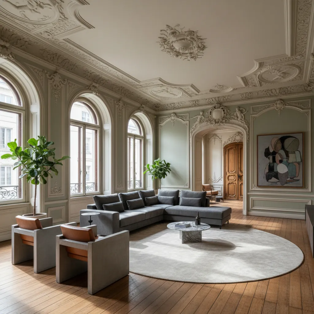 Classical living room featuring ornate wall panels grey sofa marble coffee table and arched windows