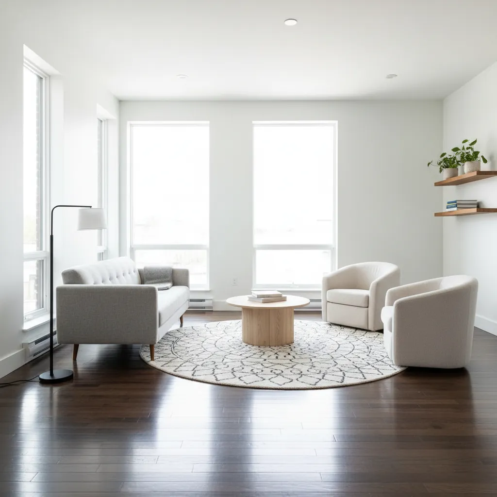 Interior con suelo oscuro y paredes blancas creando contraste visual