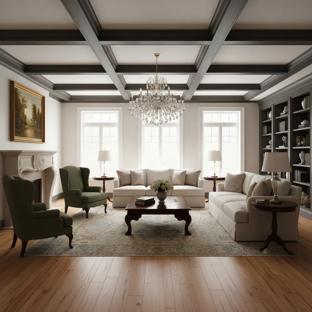 living room with dark beams and light coffered ceiling panels