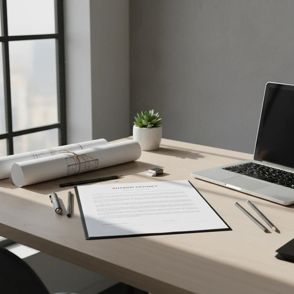 Documento de contrato de diseño de interiores junto a planos y lápiz