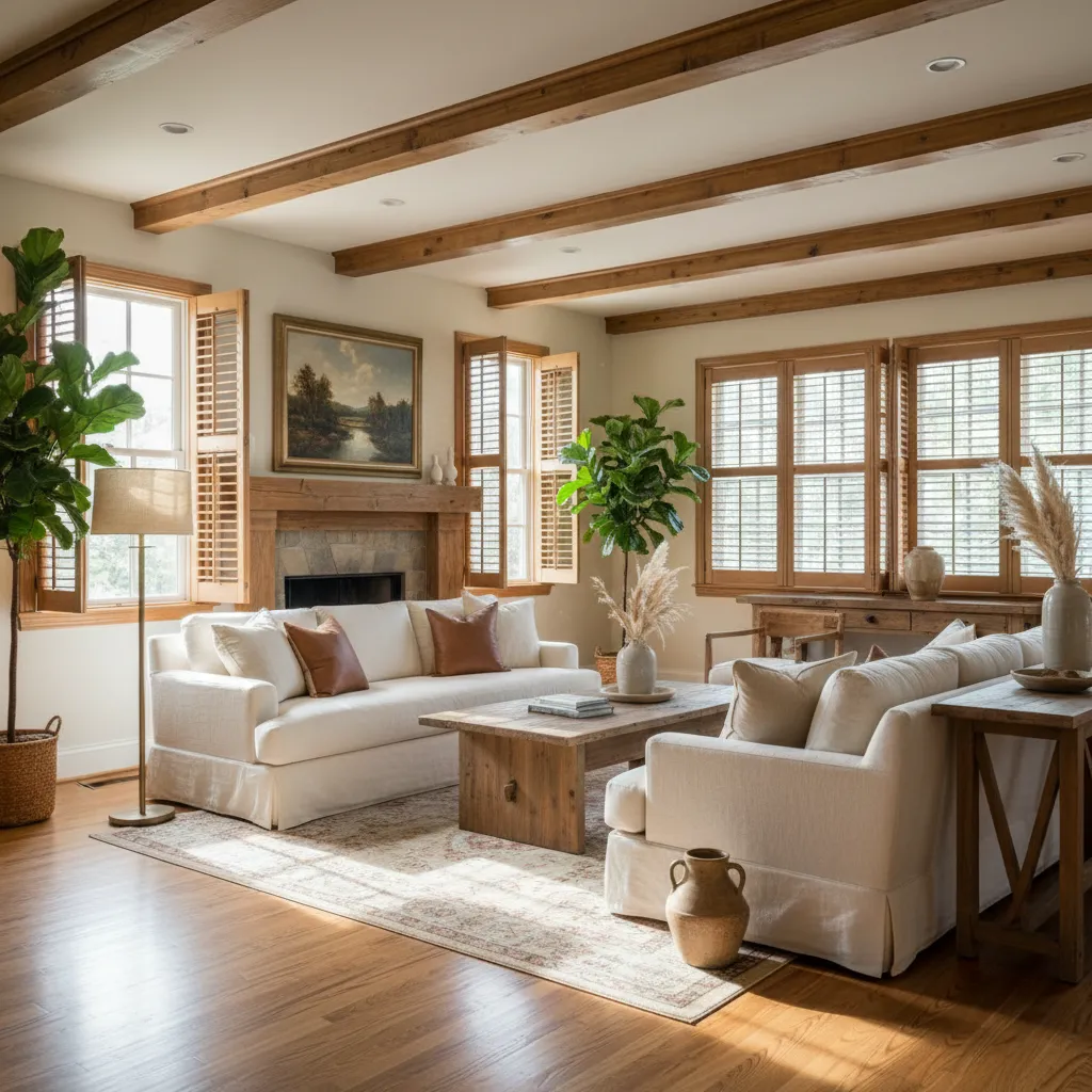 Salón con contraventanas interiores abiertas dejando entrar luz natural