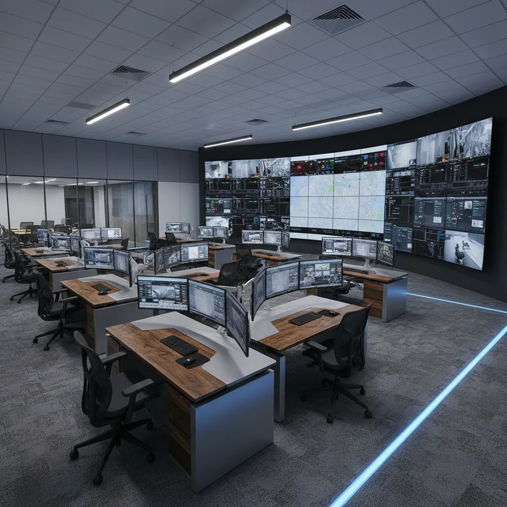 operator desks angled toward large command center display wall for clear visibility
