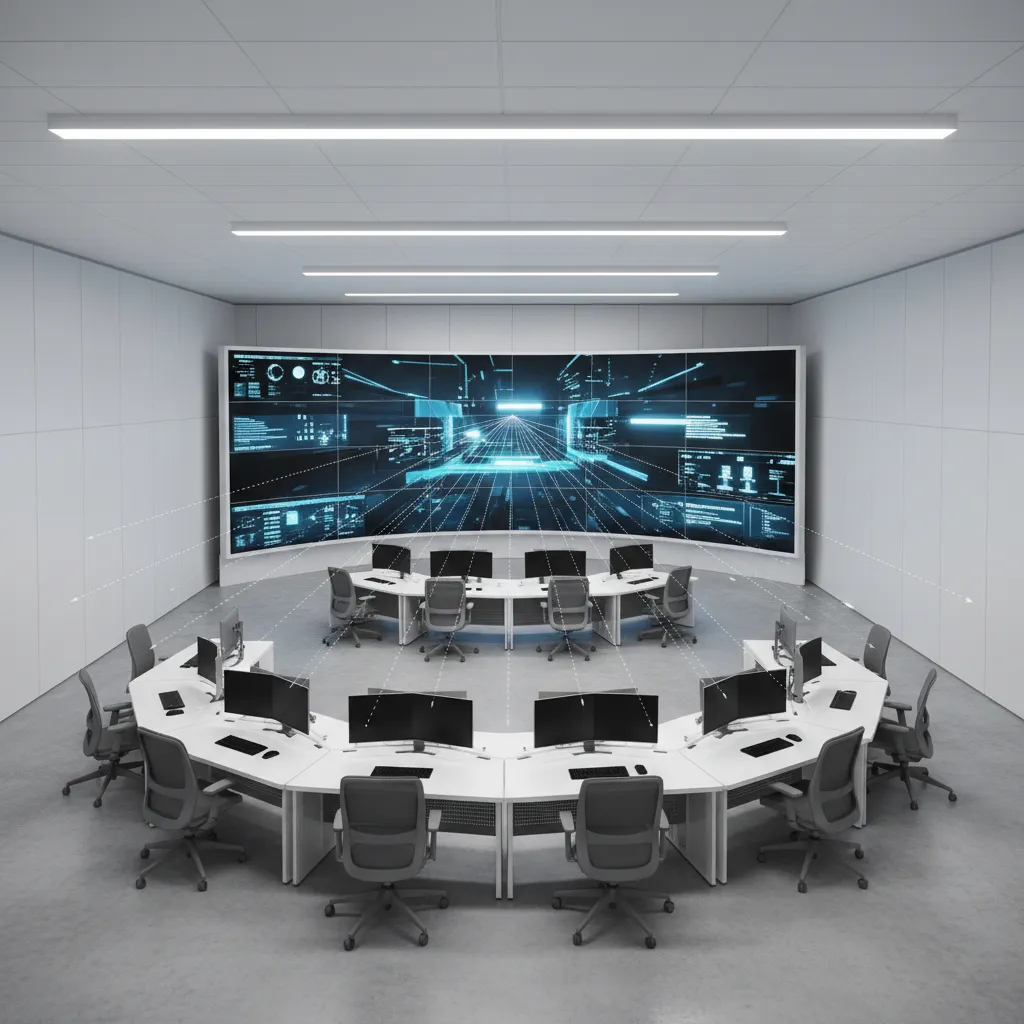 Control room workstation arrangement showing clear sightlines to monitoring screens
