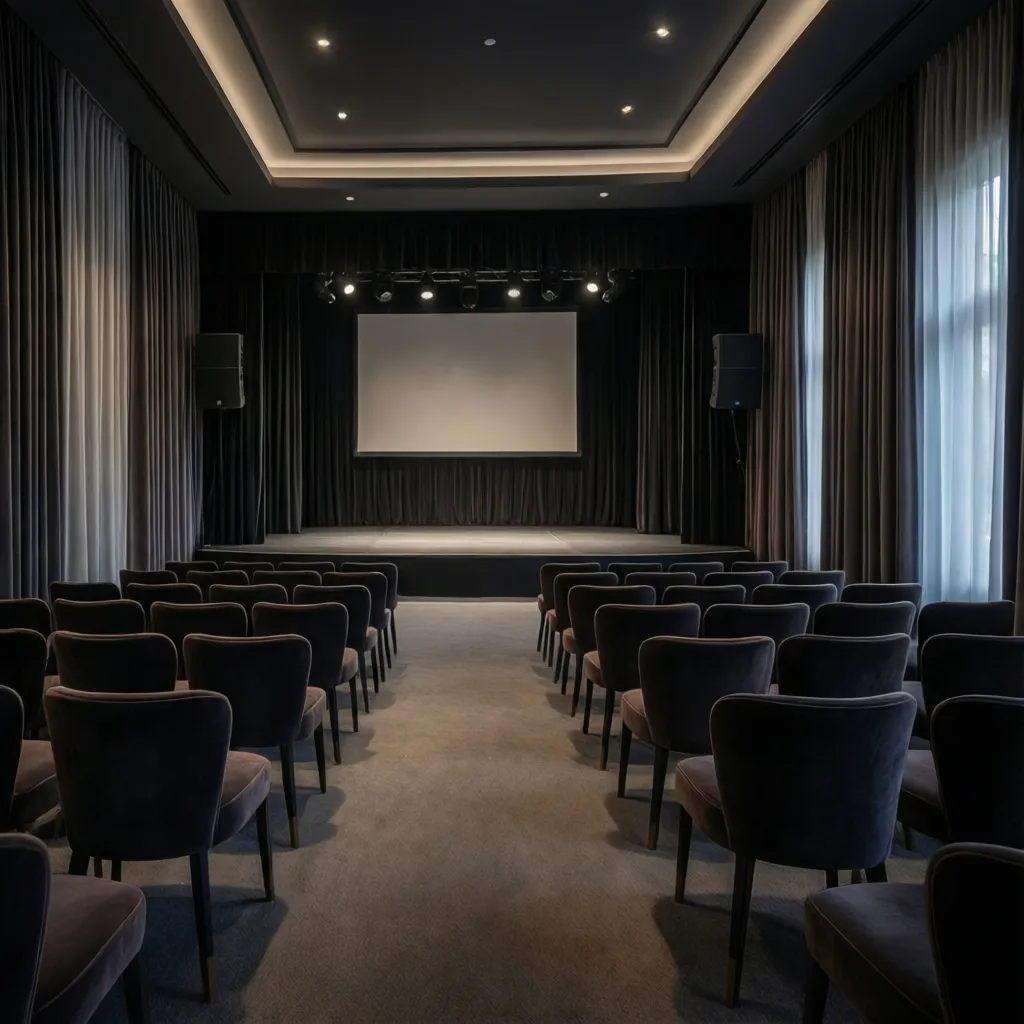 Private event venue with stage lighting and controlled seating area