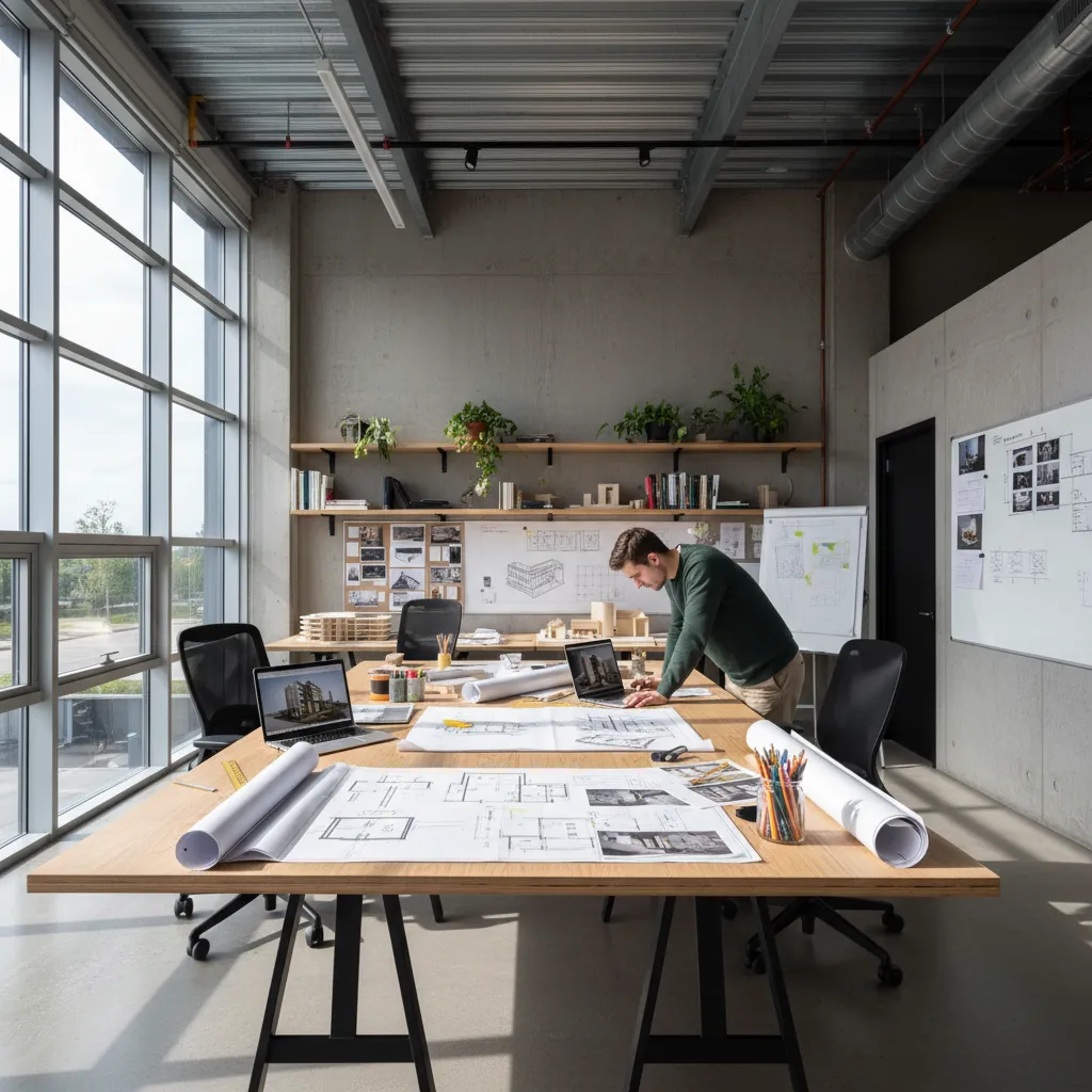 Designer working on a laptop at a large desk with floor plans in a bright studio