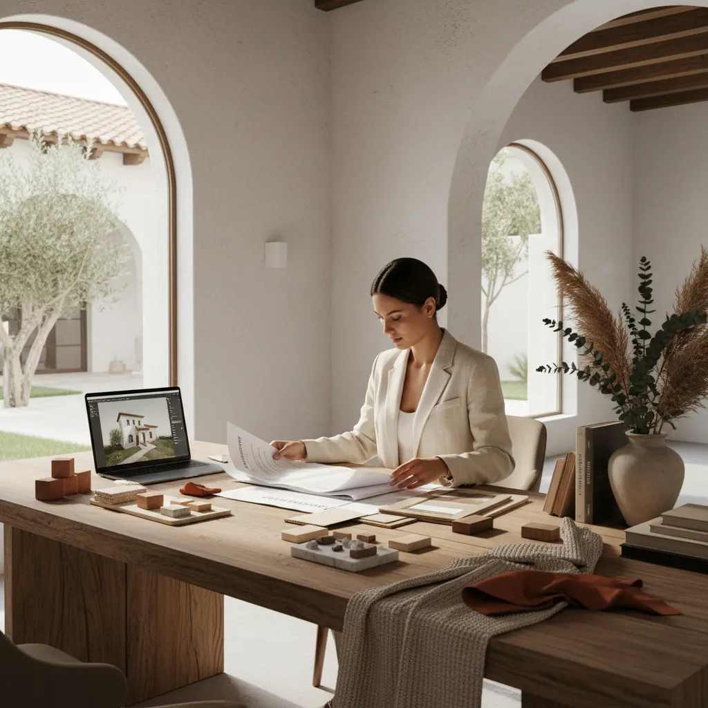 Interior designer reviewing papers at a wooden desk with a laptop and various material samples