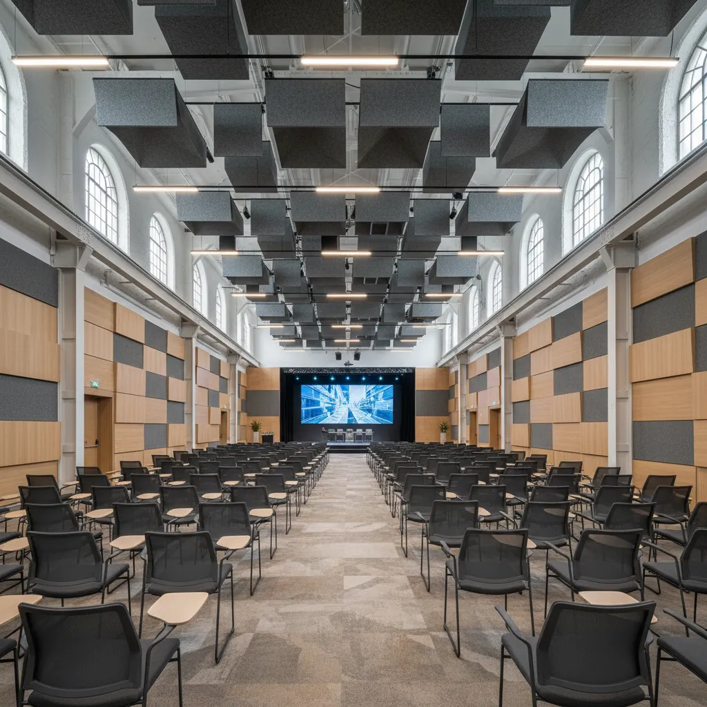 Acoustic ceiling baffles installed in a large convention hall
