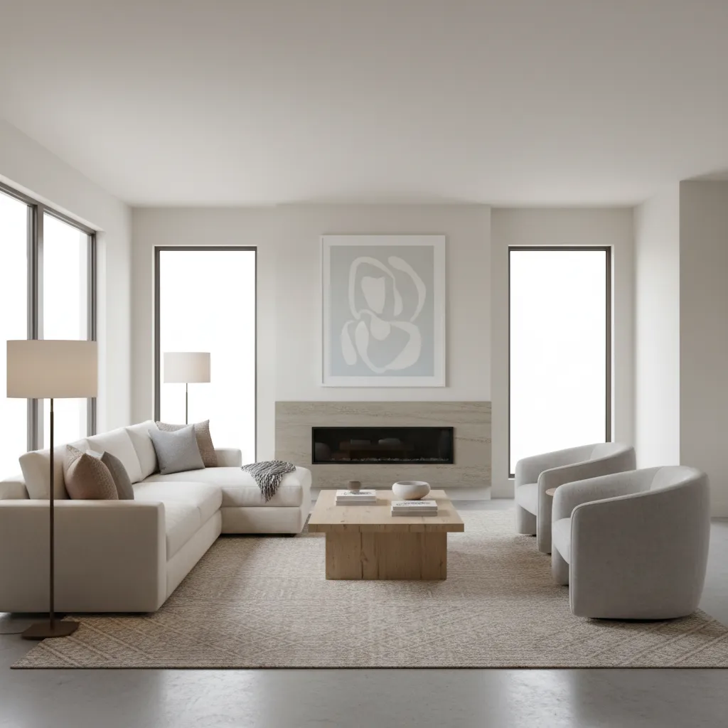 conversation seating layout with sofa and two chairs facing each other