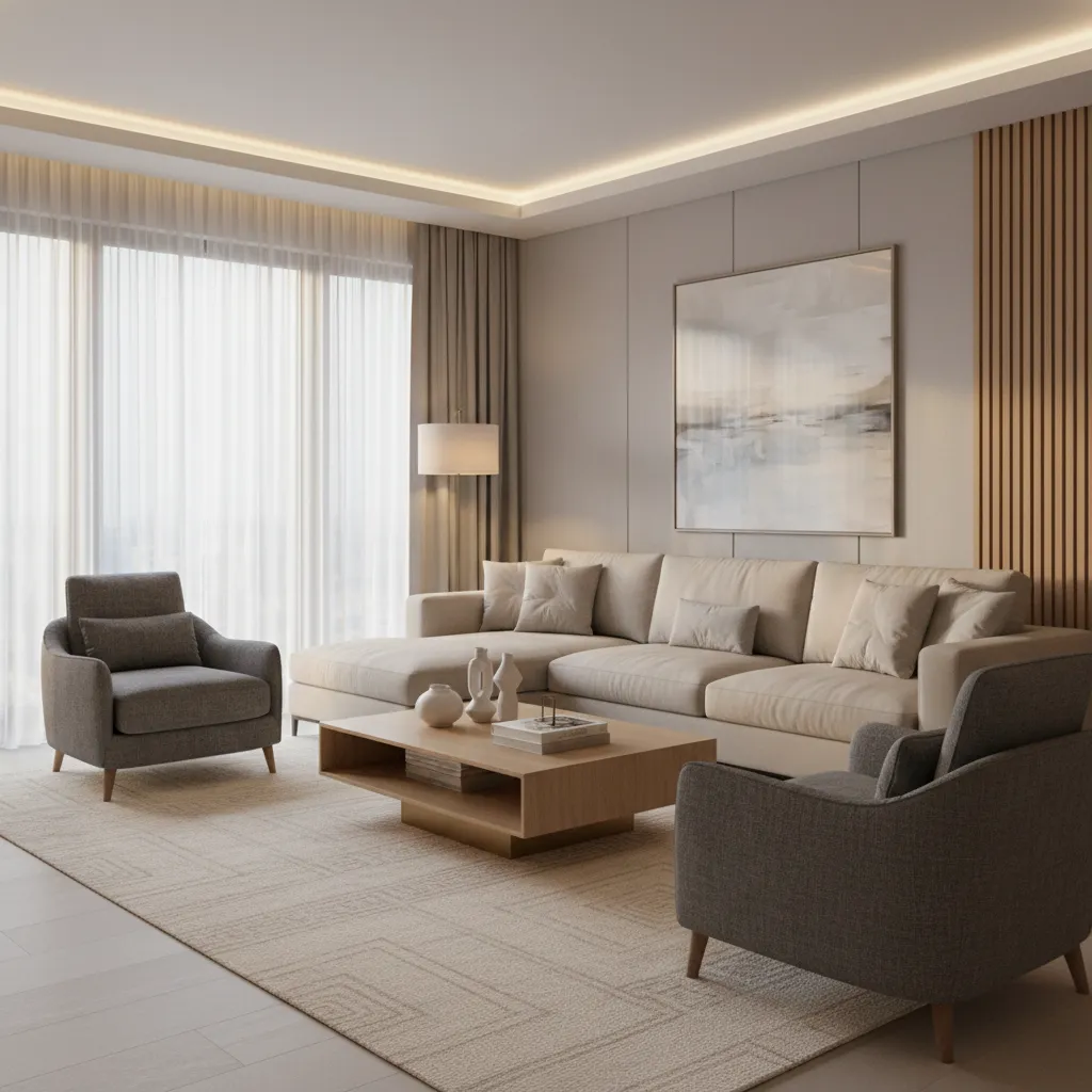 conversation focused seating layout with sofa and two chairs in small living room