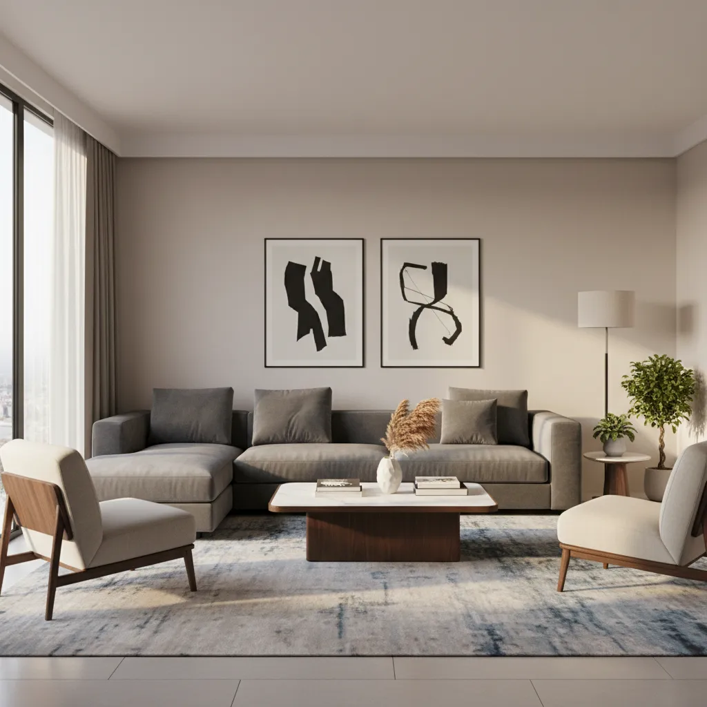 Drawing room furniture arranged for conversation with sofa and two chairs