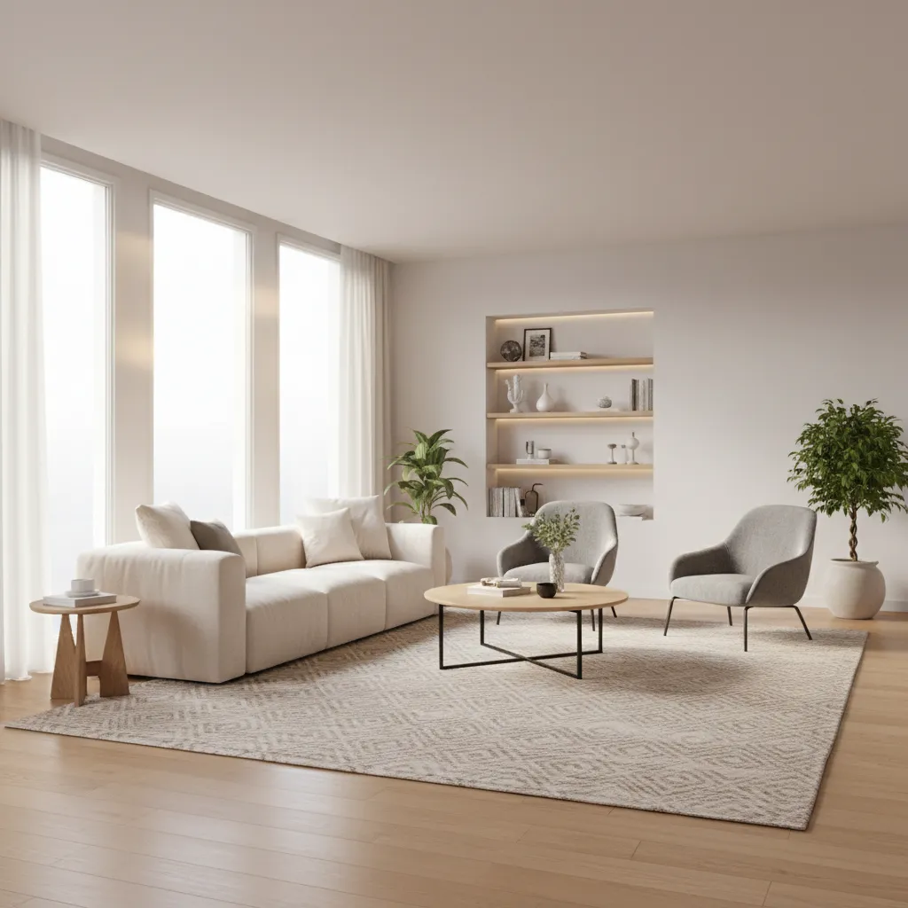 Living room conversation layout with sofa and two chairs facing each other
