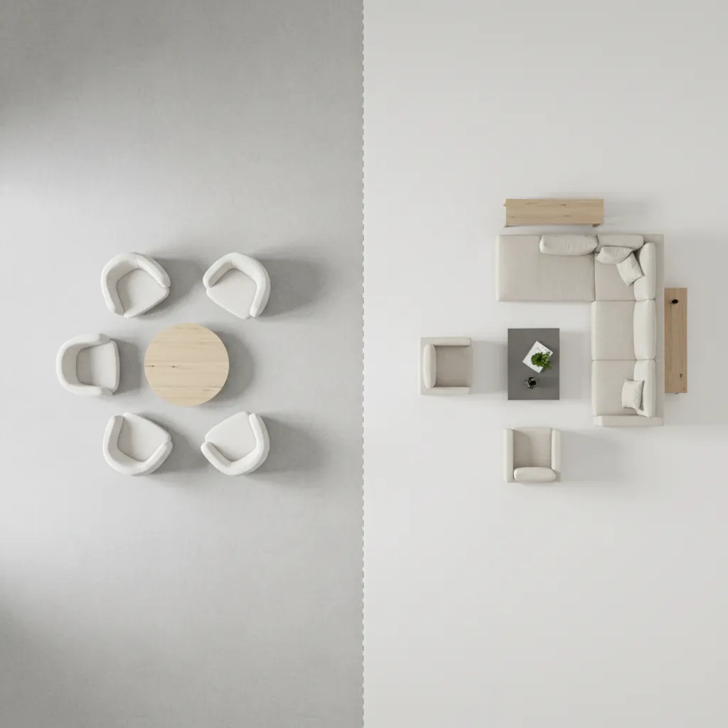 top view diagram of four chair conversation area compared with sofa seating