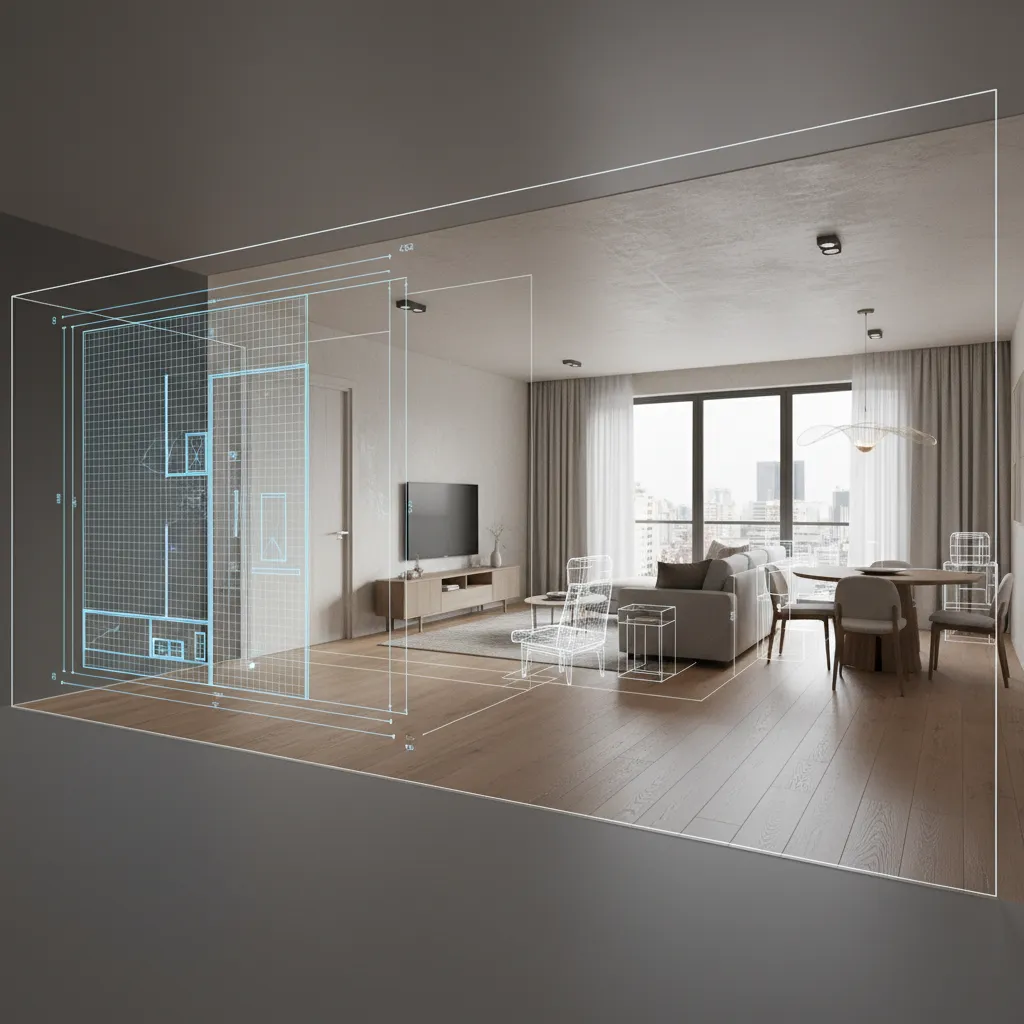 Proceso de convertir un plano 2D en un modelo interior 3D