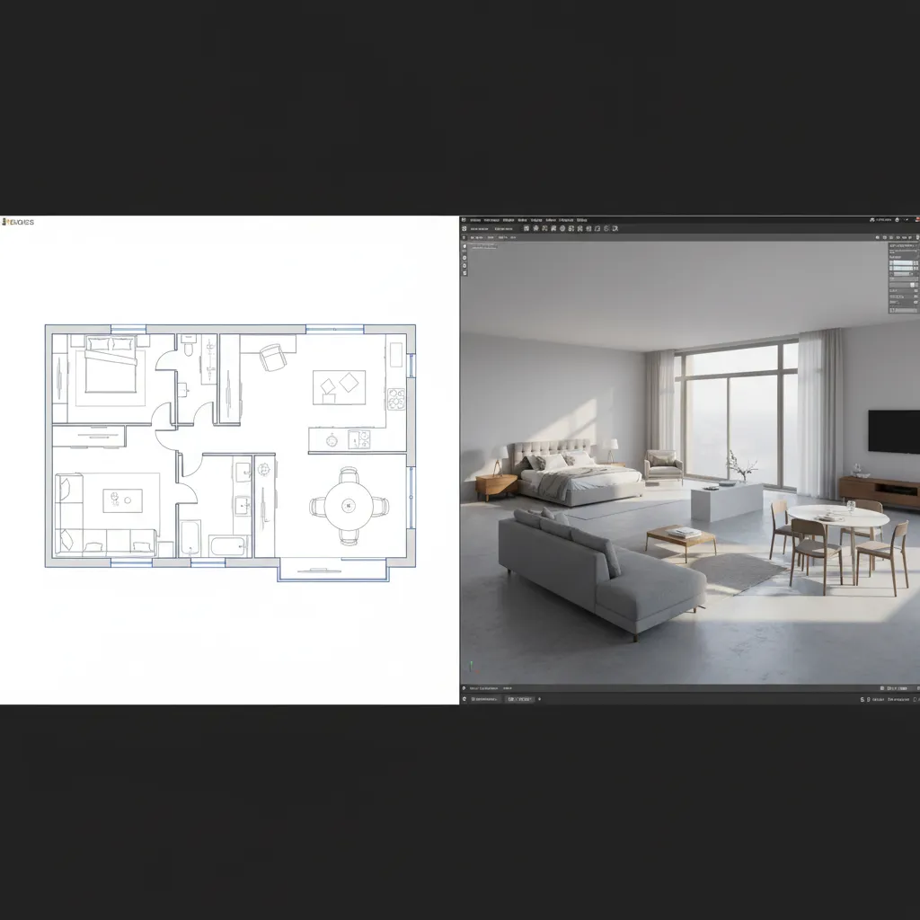 Conversión de plano CAD a modelo 3D de interior