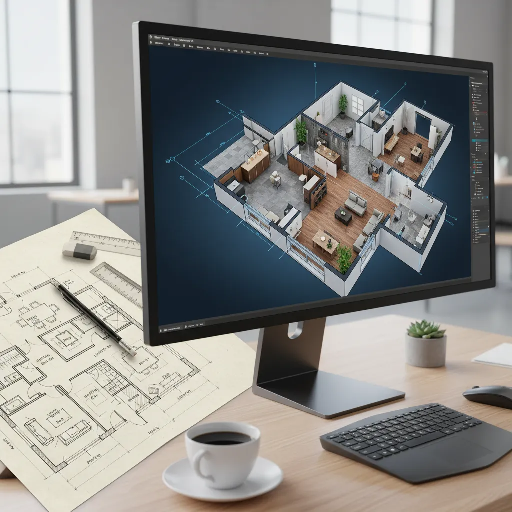 Hand drawn sketch on paper next to a digital room model on a computer screen